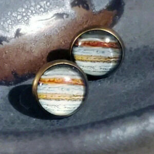 Handcrafted Antique Brass Jupiter Planet Astronomy  Glass Cabochon Stud Earrings